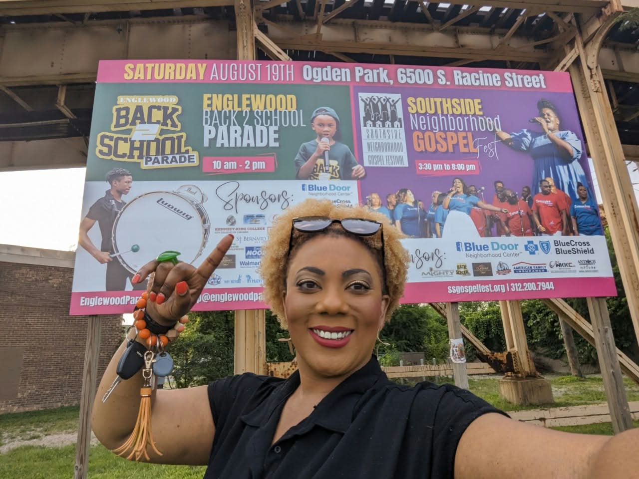 OnJaLee LaShay in front of the installed Englewood billboard